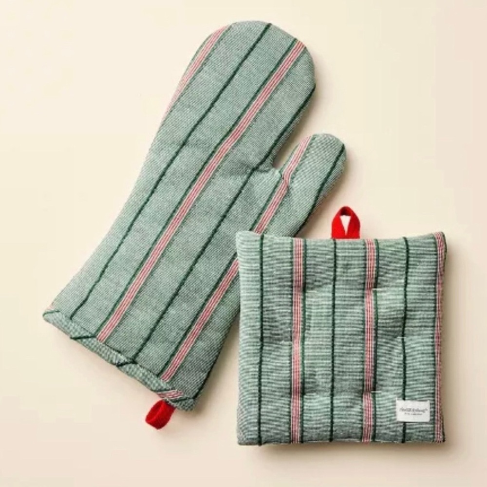 2pc Oven Mitten and Potholder Set Green/Red Stripe - Hearth & Hand Magnolia